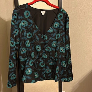 J. Crew Black and Teal Floral Blouse
